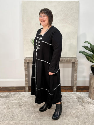 A-Line Dress with Contrast Accents, Black/White