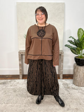 Long Sleeve Top with Contrast Accents, Brown/Black