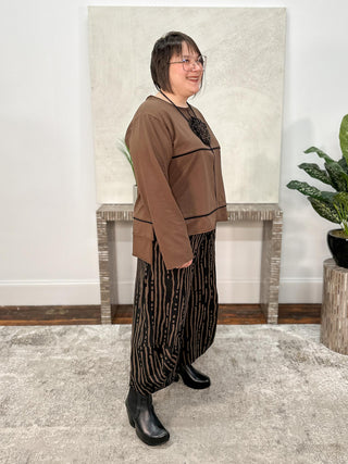 Long Sleeve Top with Contrast Accents, Brown/Black