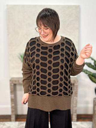 Open Knit Sweater Top, Brown/Black