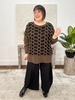 Open Knit Sweater Top, Brown/Black