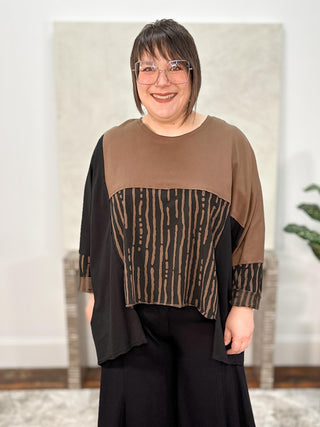 Oversized Mix Panel Step Hem Top, Black/Brown