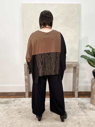 Oversized Mix Panel Step Hem Top, Black/Brown