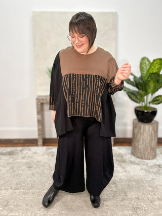 Oversized Mix Panel Step Hem Top, Black/Brown
