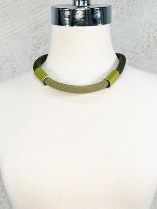 Short Woven Cord & Aluminum Tube Necklace, Olive/Chartreuse