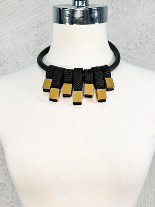 Woven Cord & Aluminum Drops Necklace, Black/Matte Gold
