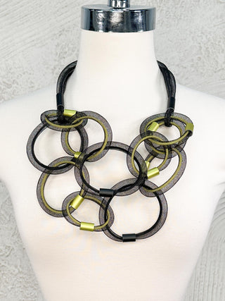 Mesh Loop & Cord 2 Strand Necklace, Black/Yellow