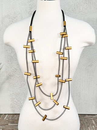3 Strand Floating Cylinder Necklace, Black/Matte Gold