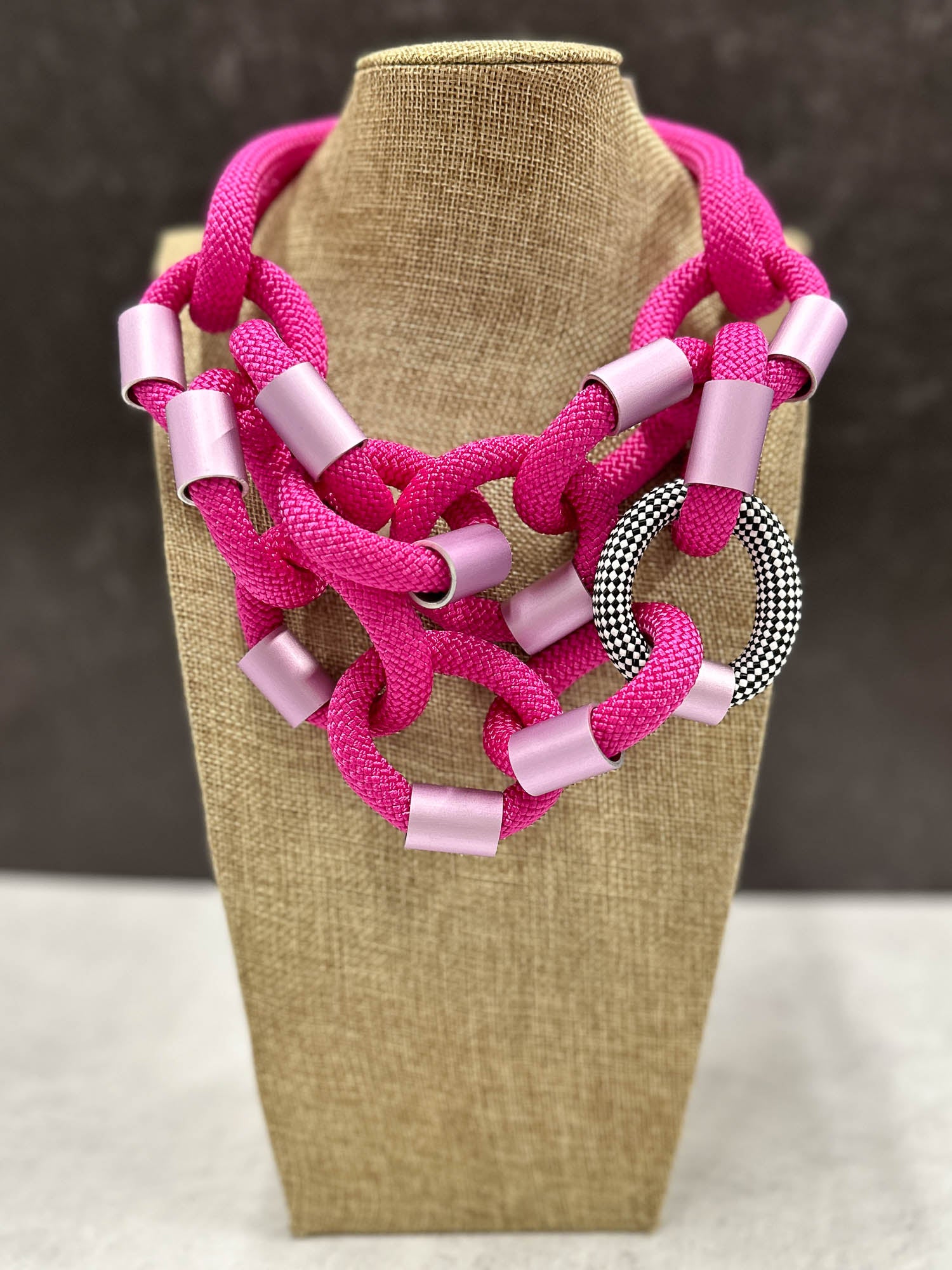 Double Strand Cord & Aluminum Link Necklace, Fuchsia