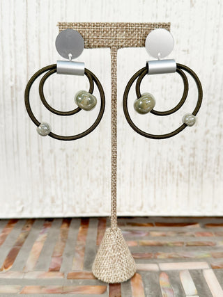 Cord Loops & Ceramic Bead Earrings, Olive