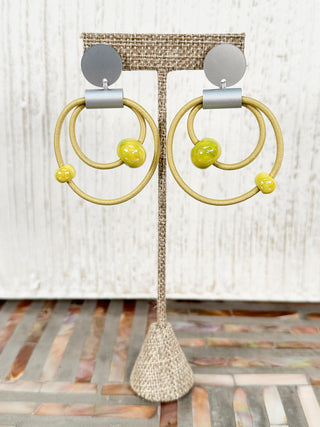 Cord Loops & Ceramic Bead Earrings, Chartreuse