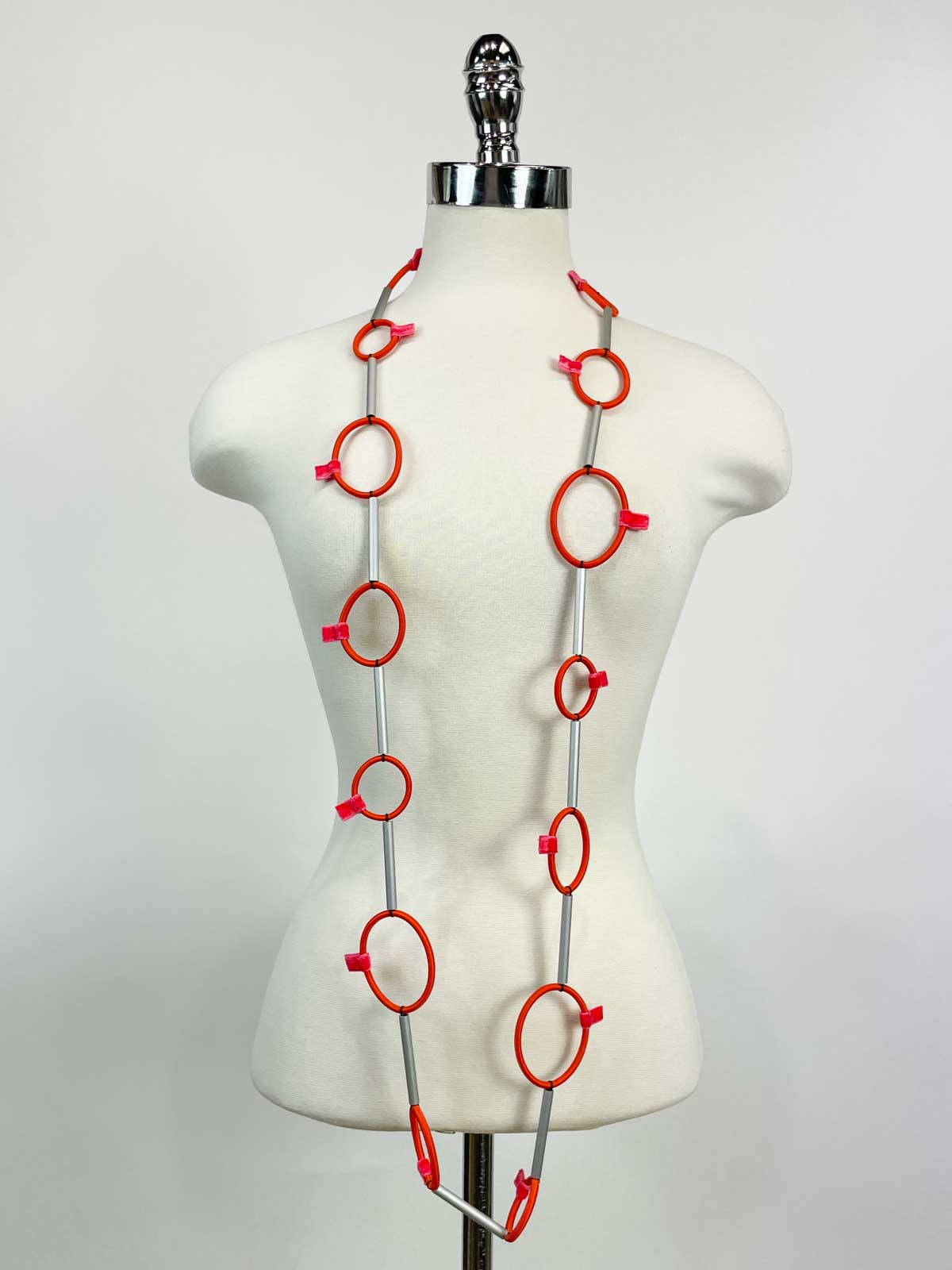 Christina Brampti Long Elastic & Aluminum Tube Links Necklace, Coral Red - Statement Boutique