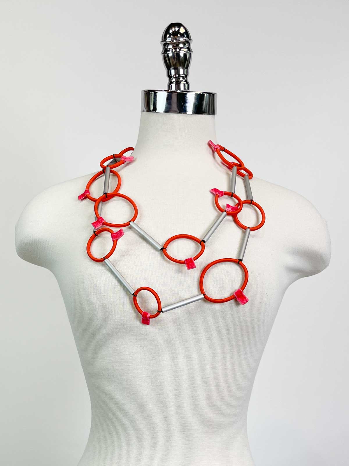 Christina Brampti Long Elastic &amp; Aluminum Tube Links Necklace, Coral Red - Statement Boutique