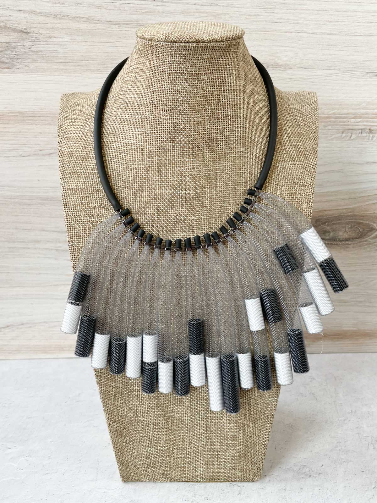 Christina Brampti Mesh & Aluminum Tube Fringe Necklace, Black/White - Statement Boutique