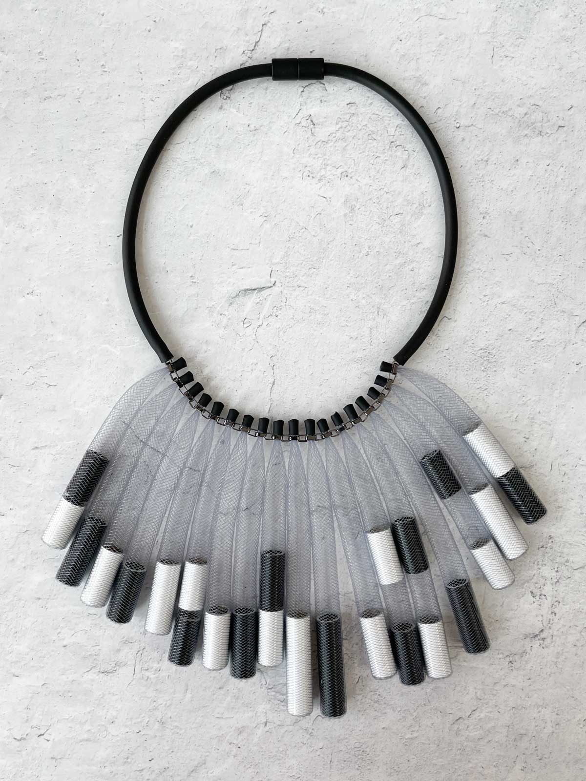 Christina Brampti Mesh & Aluminum Tube Fringe Necklace, Black/White - Statement Boutique