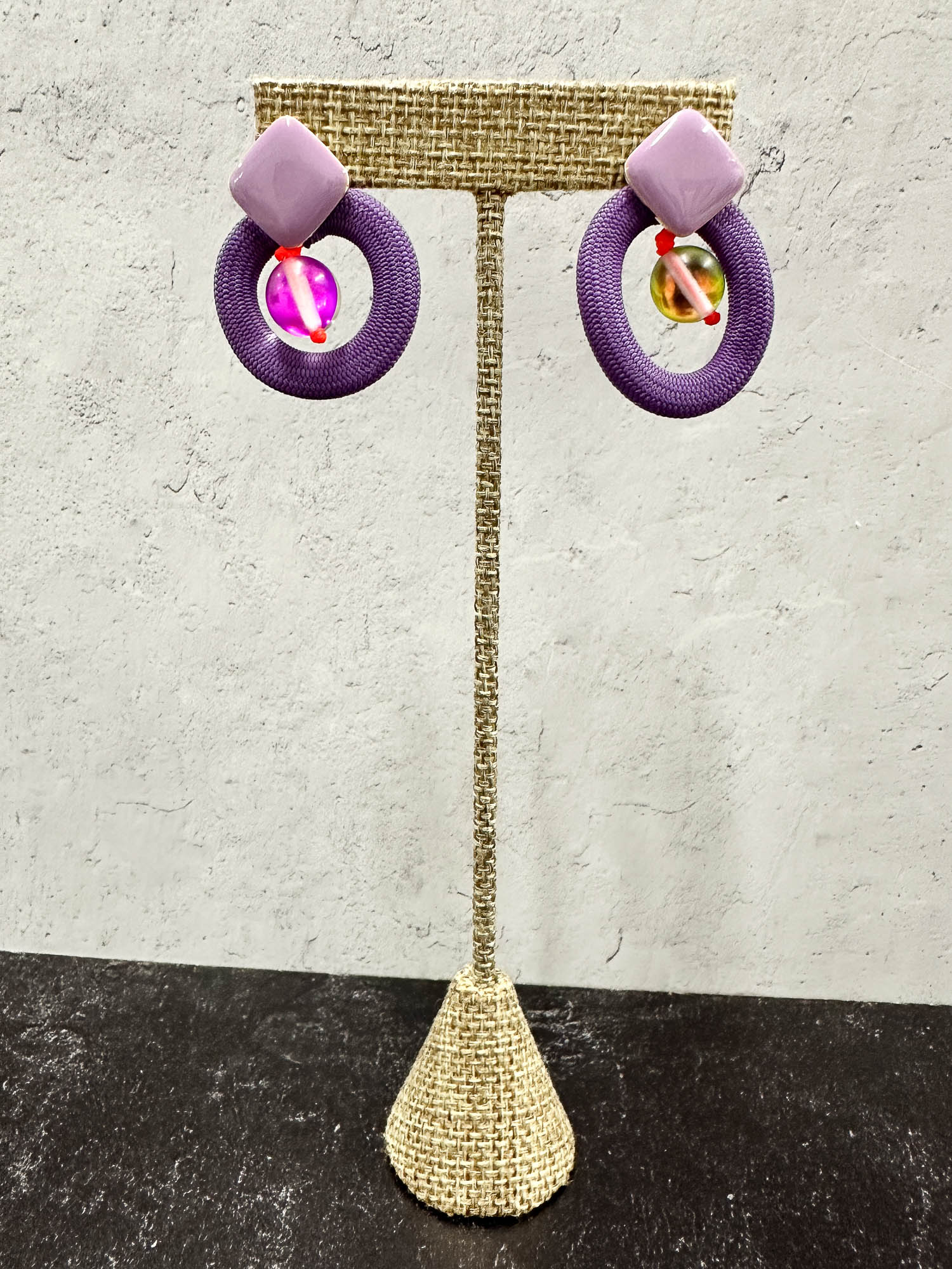 Small Cord & Glass Bead Post Earrings, Purple