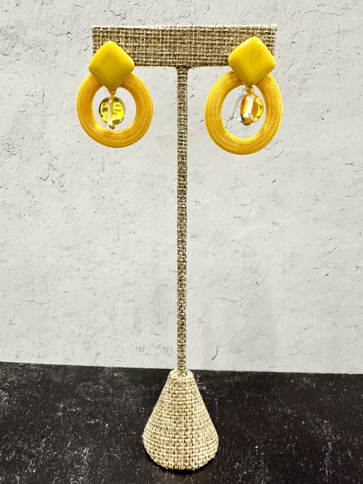 Small Cord & Glass Bead Post Earrings, Yellow
