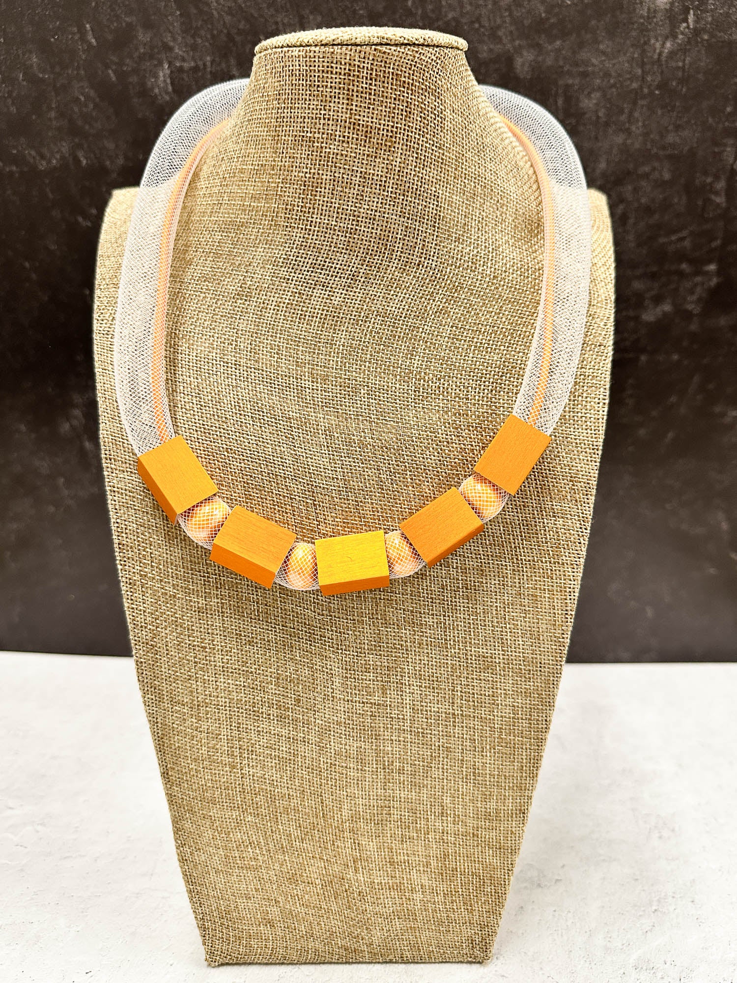 Tulle & Aluminum Beaded Collar Necklace, Orange