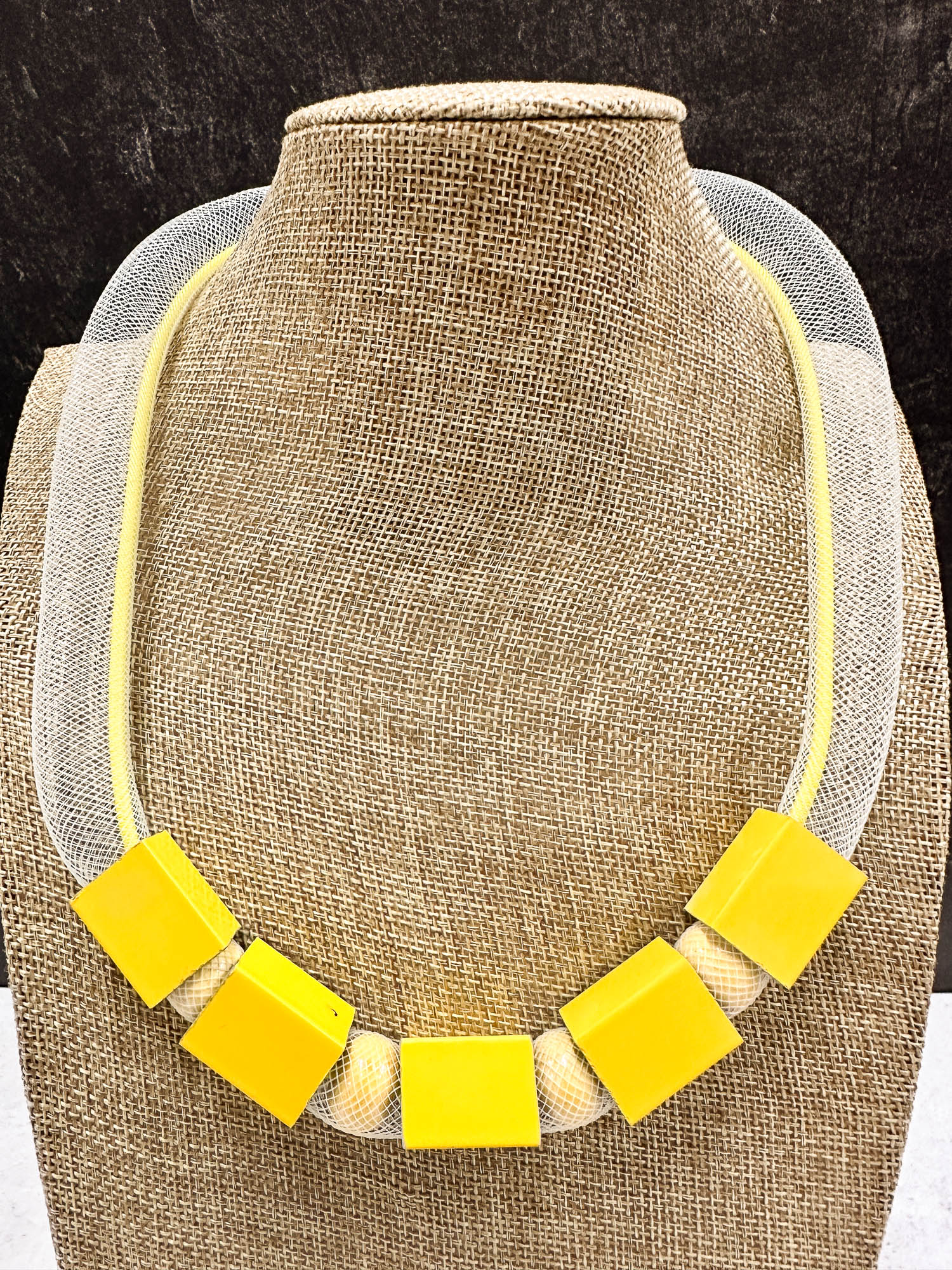 Tulle & Aluminum Beaded Collar Necklace, Yellow