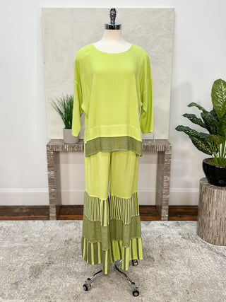 Tiered Spanish Leg Mix Fabric Pants, Lime