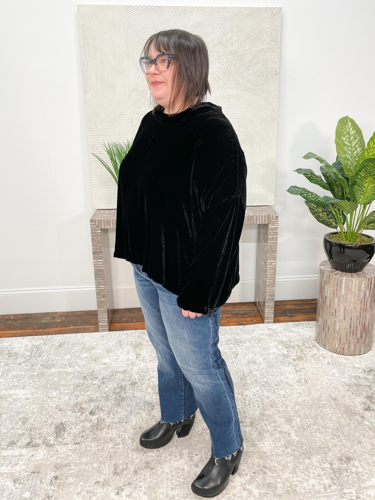 Dress To Kill Mock Boxy Cowl Pullover, Black Velvet - Statement Boutique