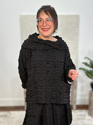 2 Pocket Criss Cross Cowl Pullover, Black Pucker