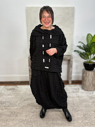 2 Pocket Criss Cross Cowl Pullover, Black Pucker