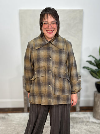 2 Pocket Exposed Seam Jacket, Mustard Grey Faded Plaid