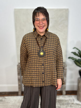 Layer Ruffle Back Shirt, Mustard Navy Check