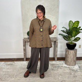 Layer Ruffle Back Shirt, Mustard Navy Check