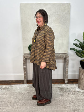 Layer Ruffle Back Shirt, Mustard Navy Check