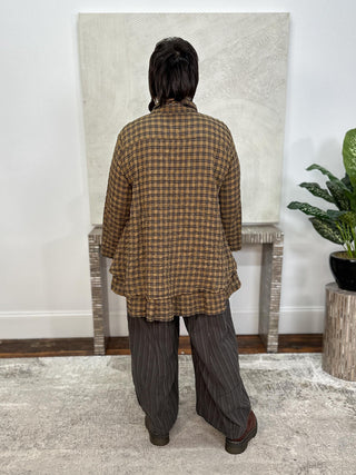 Layer Ruffle Back Shirt, Mustard Navy Check