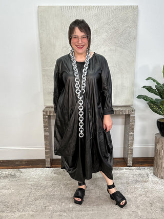 Long Sleeve Glamour Dress, Black Crinkle Pleather