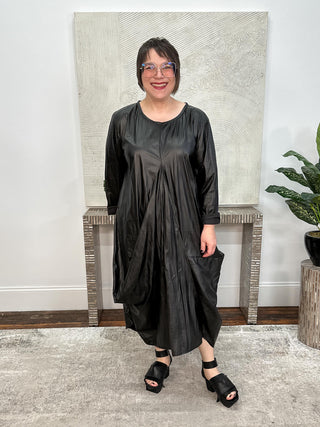 Long Sleeve Glamour Dress, Black Crinkle Pleather