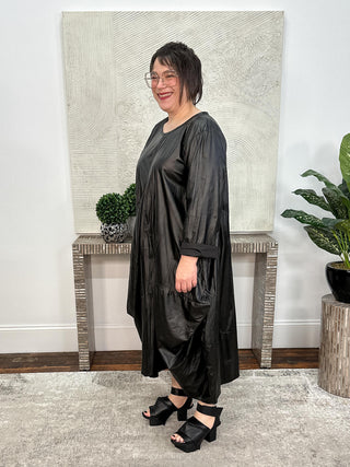 Long Sleeve Glamour Dress, Black Crinkle Pleather