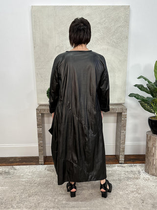 Long Sleeve Glamour Dress, Black Crinkle Pleather