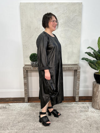 Long Sleeve Glamour Dress, Black Crinkle Pleather