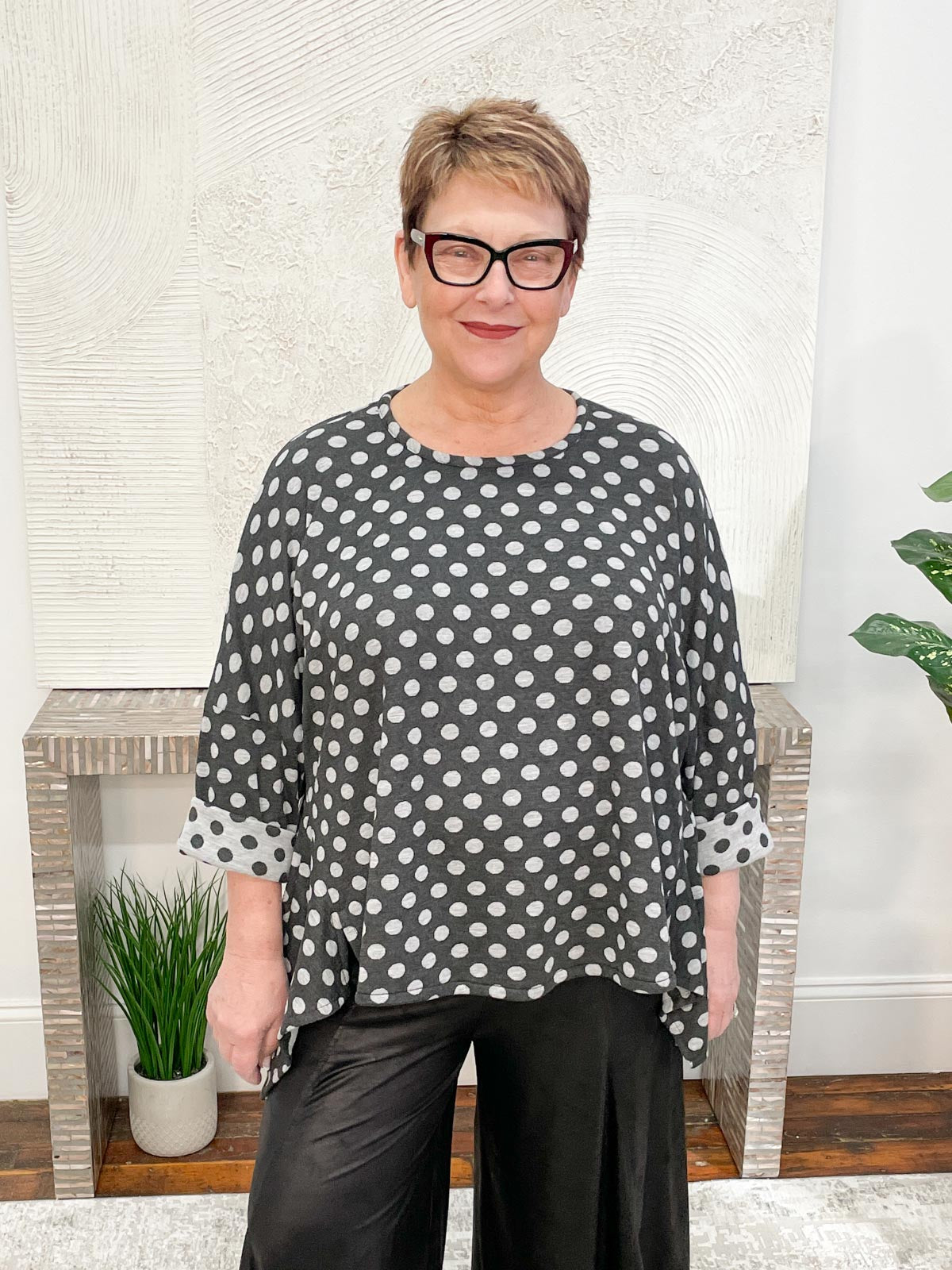 Dress To Kill Long Sleeve Tea Shirt, Grey Dot Knit - Statement Boutique