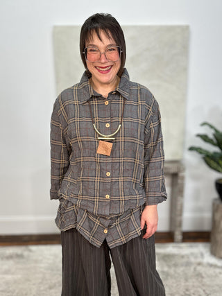 Short Tucked Up Shirt, Denim Mustard Plaid