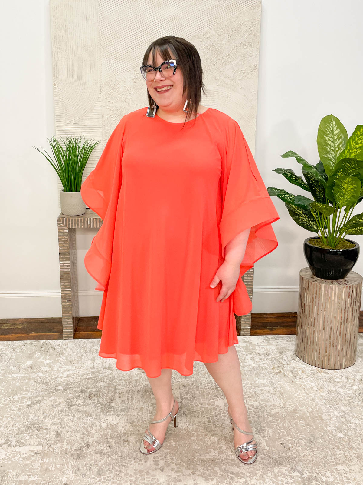 Frank Lyman Bell Sleeve Chiffon Overlay Dress, Fiesta Coral - Statement Boutique
