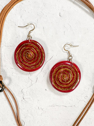 Geometric Swirl Pendant Necklace & Earrings Set, Red