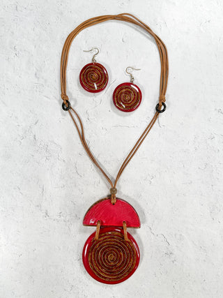Geometric Swirl Pendant Necklace & Earrings Set, Red