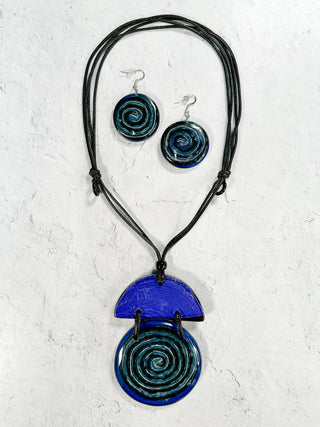 Geometric Swirl Pendant Necklace & Earrings Set, Blue