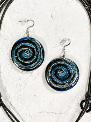 Geometric Swirl Pendant Necklace & Earrings Set, Blue