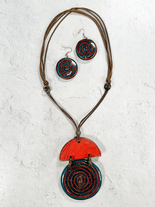 Geometric Swirl Pendant Necklace & Earrings Set, Teal/Orange