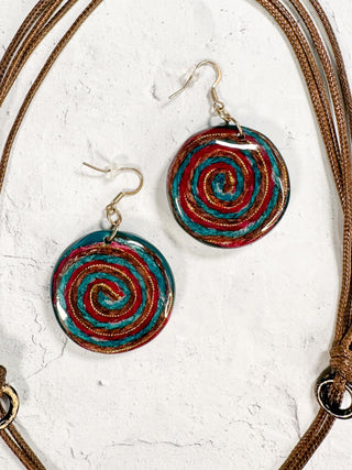 Geometric Swirl Pendant Necklace & Earrings Set, Teal/Orange