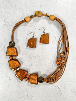 Asymmetric Resin & Wood Bead Necklace & Earrings Set, Gold/Brown
