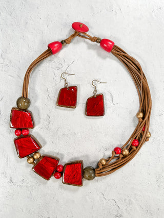 Asymmetric Resin & Wood Bead Necklace & Earrings Set, Red/Tan