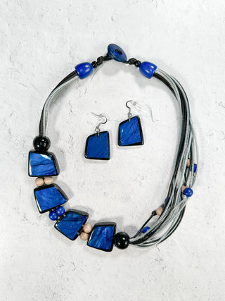 Asymmetric Resin & Wood Bead Necklace & Earrings Set, Blue/Grey