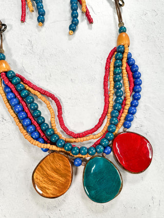 Multi Strand Beaded & 3 Resin Drop Necklace & Earrings Set, Multi